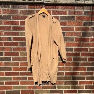 Talbots Tan Cashmere Button Shoulder Long Line Maxi Open Sweater Cardigan